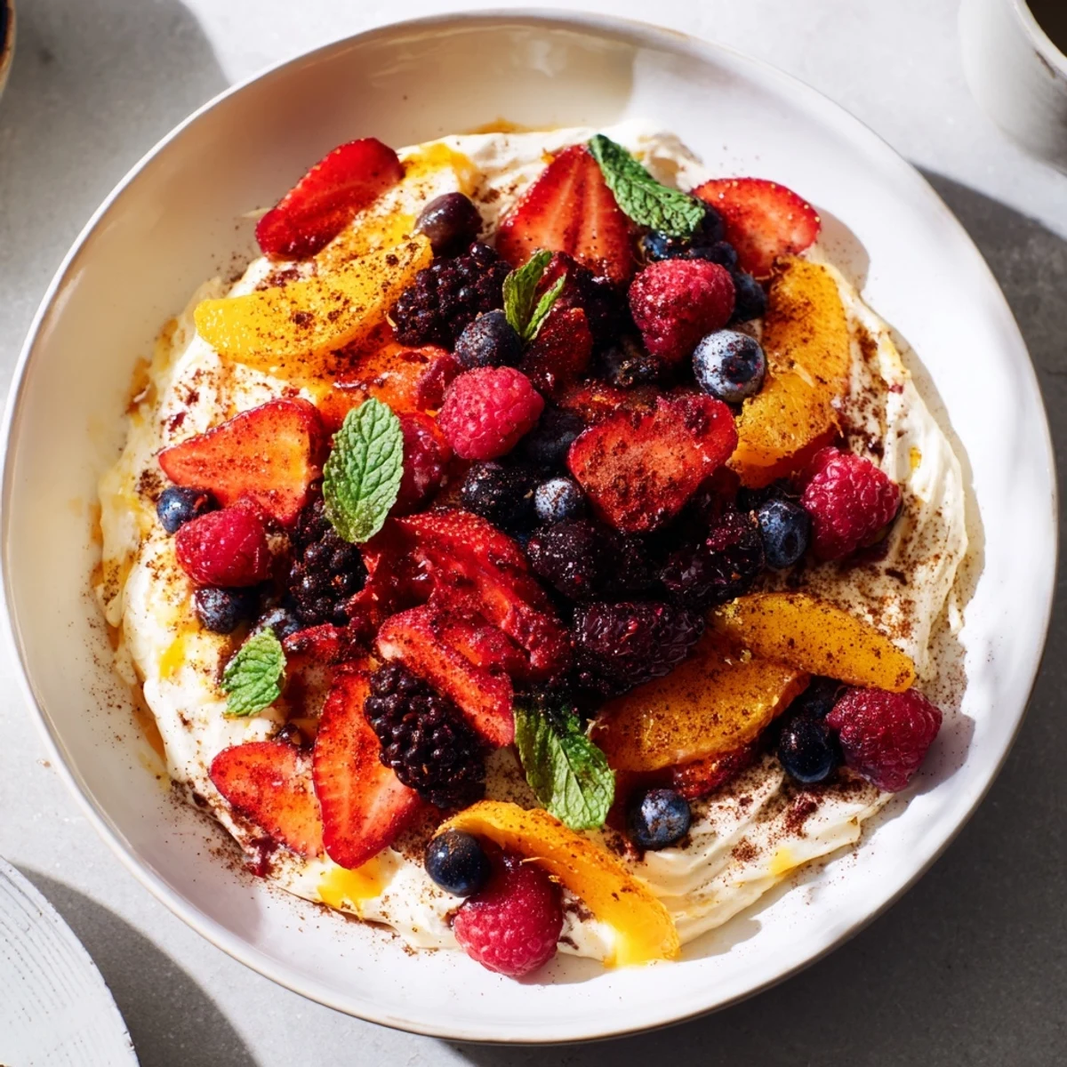 Charred Cocoa Berry dessert showcasing juicy, lightly grilled berries atop a velvety rich cocoa cream.