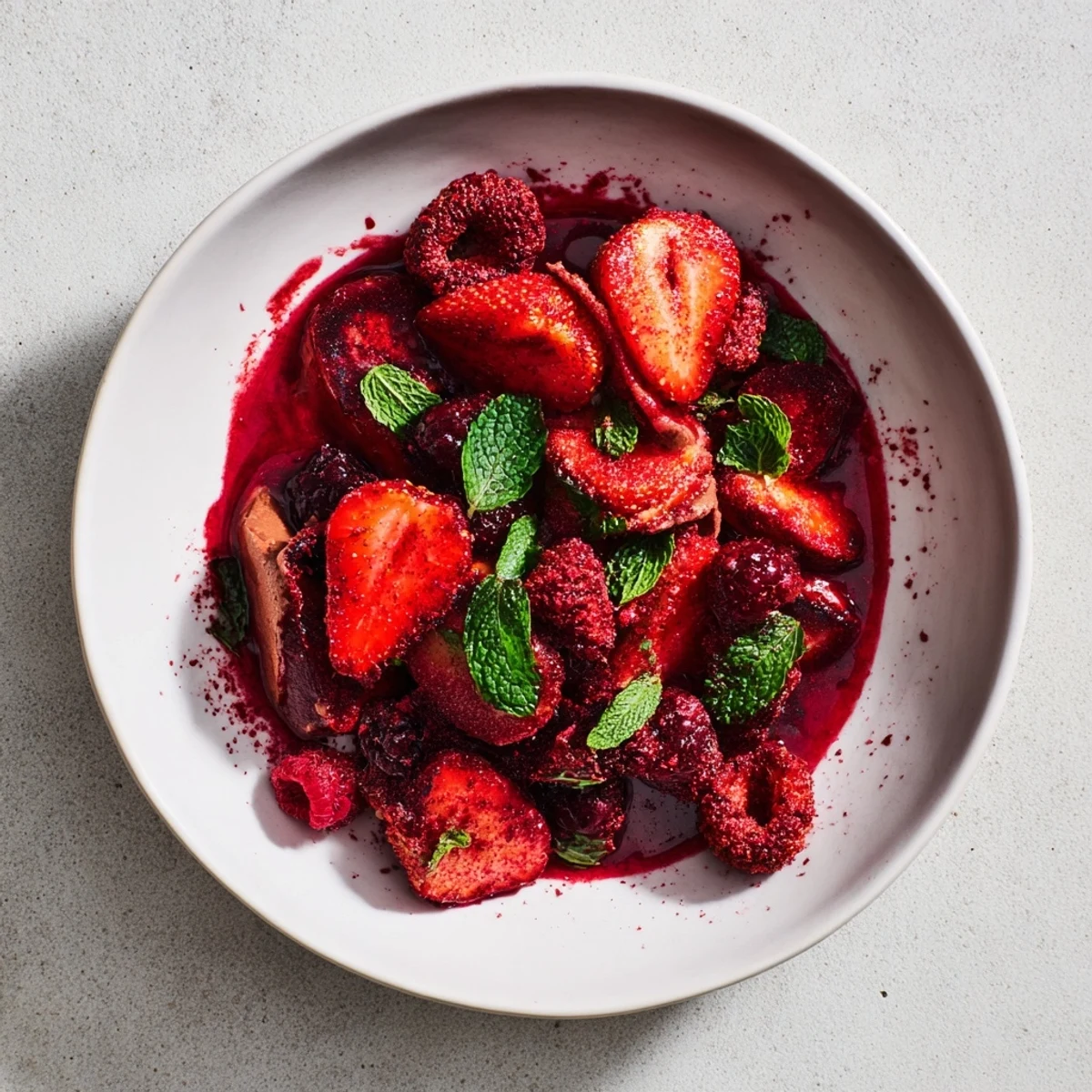 Vibrant image: Sweet Charred Cocoa Berry arranged with fresh mint, a delicious gluten-free dessert.