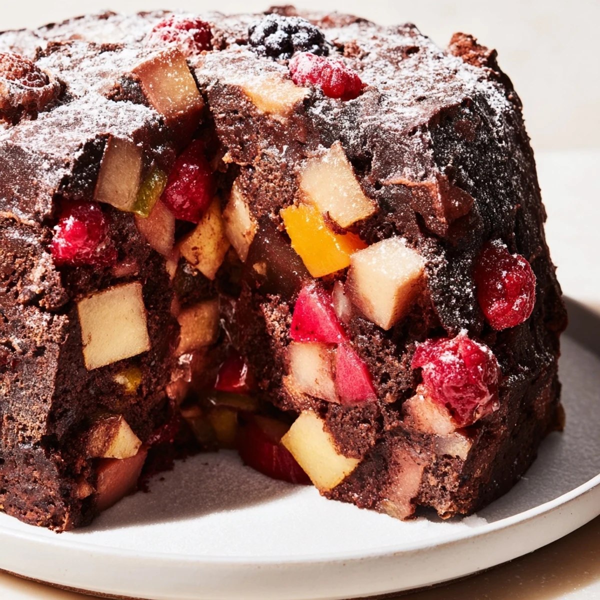 Warm, freshly baked Pear Cocoa Berry Cake, featuring the juicy pears and bursts of mixed berries.