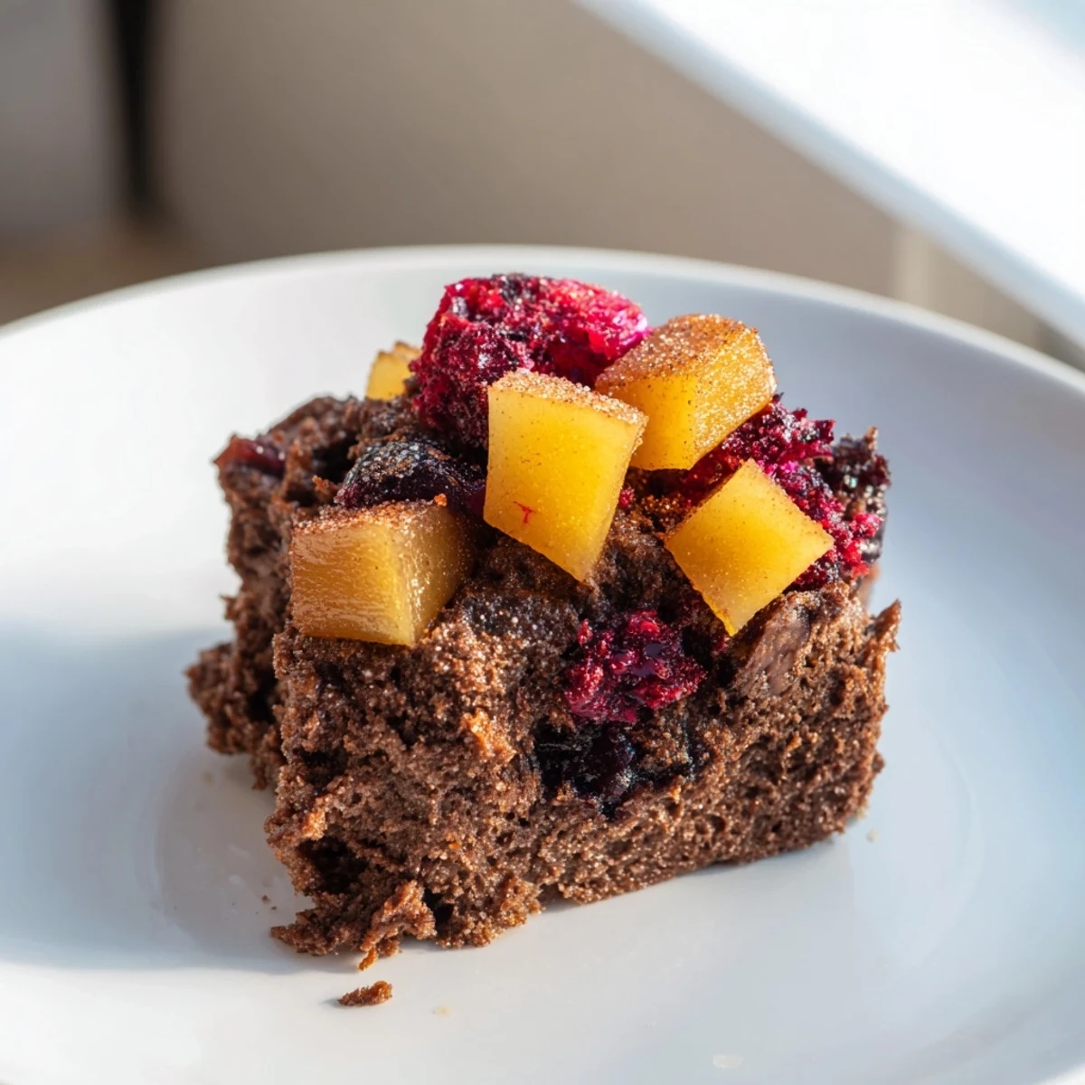 Delicious Pear Cocoa Berry Cake, perfect for dessert, served with a scoop of creamy vanilla ice cream.