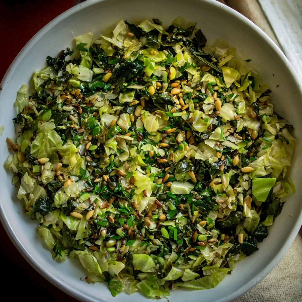 Sautéed Cozy Winter Greens with toasted pine nuts, a vibrant, flavorful vegetarian side dish.