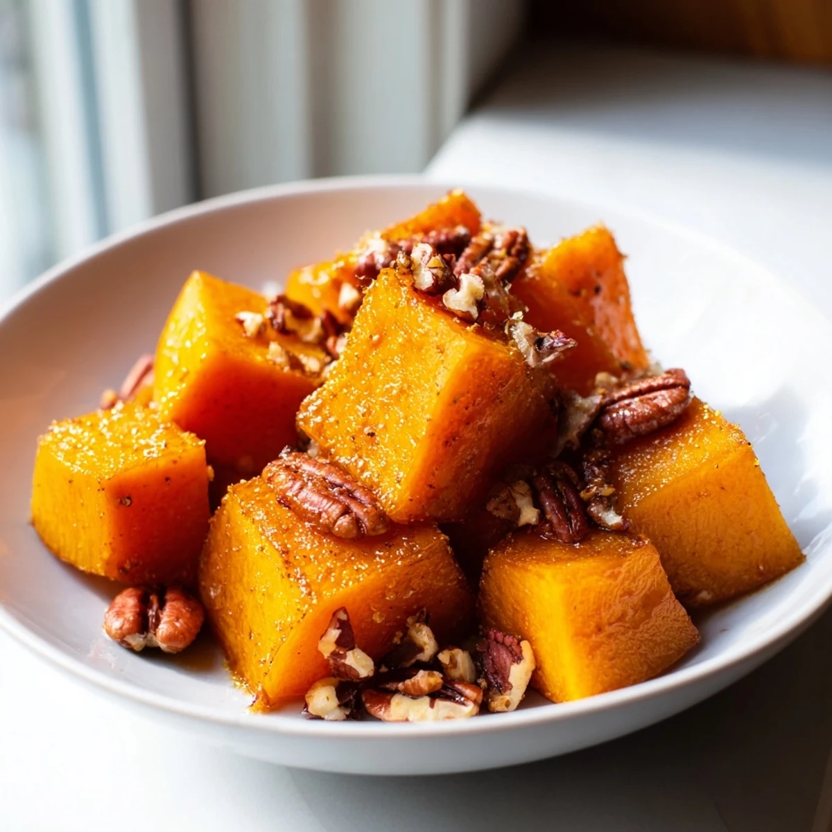 Golden roasted Winter Maple Squash cubes glistening with maple glaze, ready to serve warm.