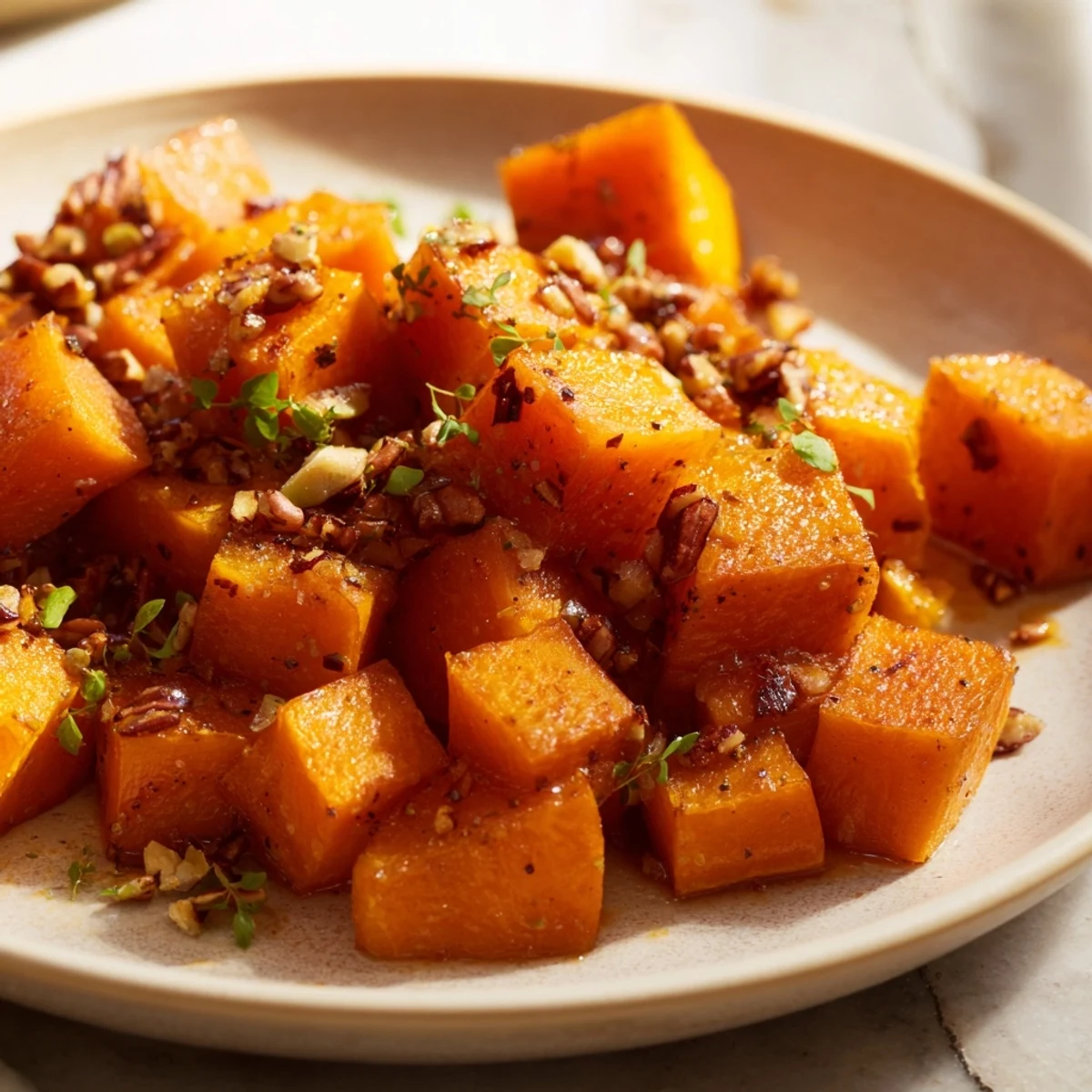 Sweetly glazed Winter Maple Squash with optional pecan garnish, a delicious side for dinner.