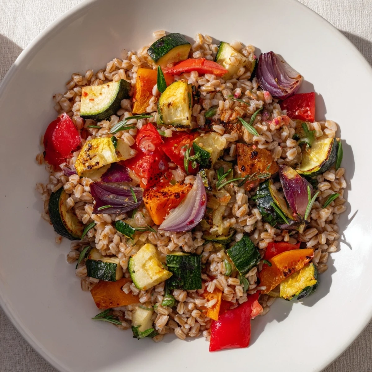 A steaming bowl of Hearth Savory Grain, a comforting vegetarian main course filled with roasted vegetables.
