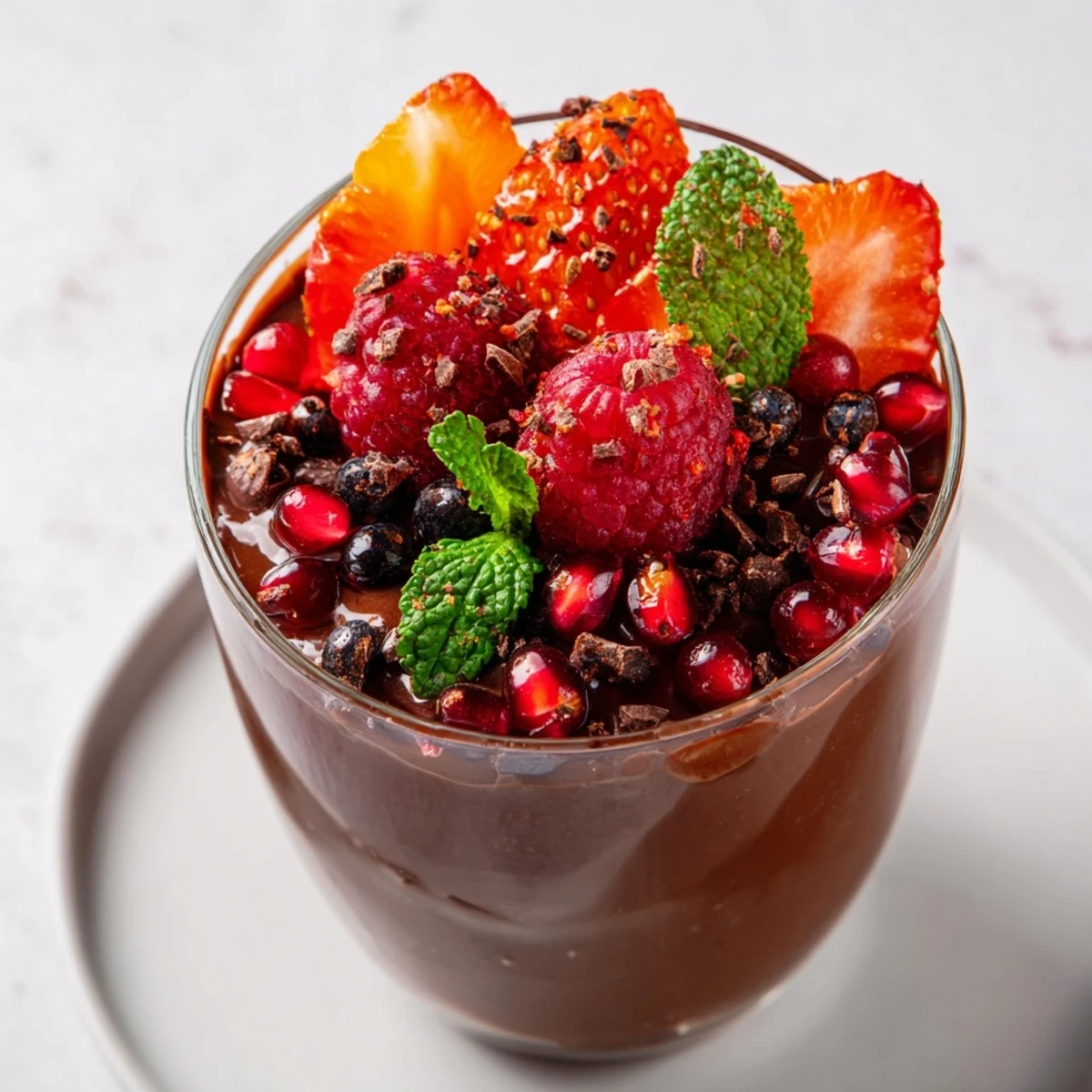 Vibrant mixed berries topping a creamy Citrus Cocoa Berry dessert, garnished with mint and chocolate.