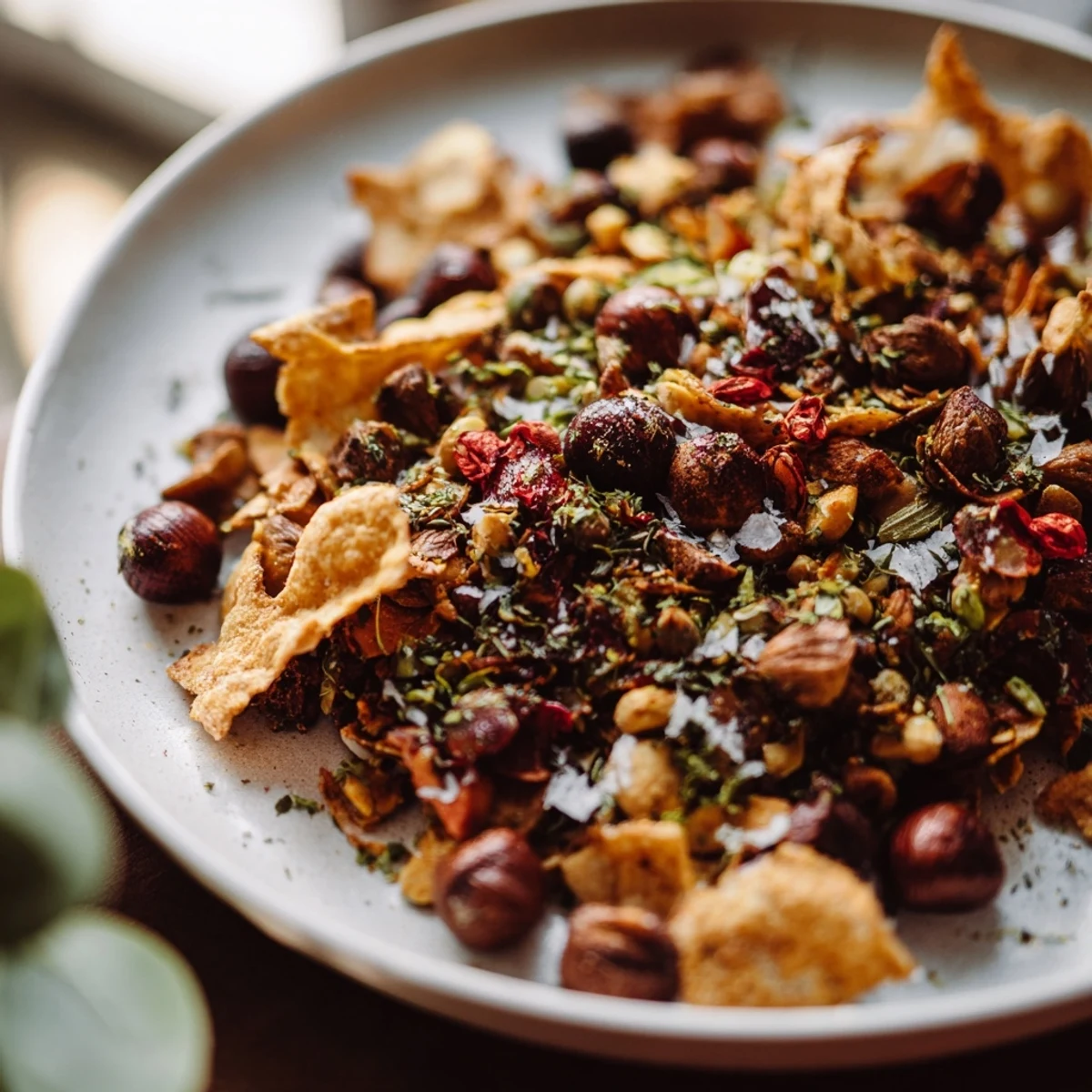Golden, toasted Toasty Evergreen Mix with fresh herbs, ready for a delicious snack on a rustic wooden table.