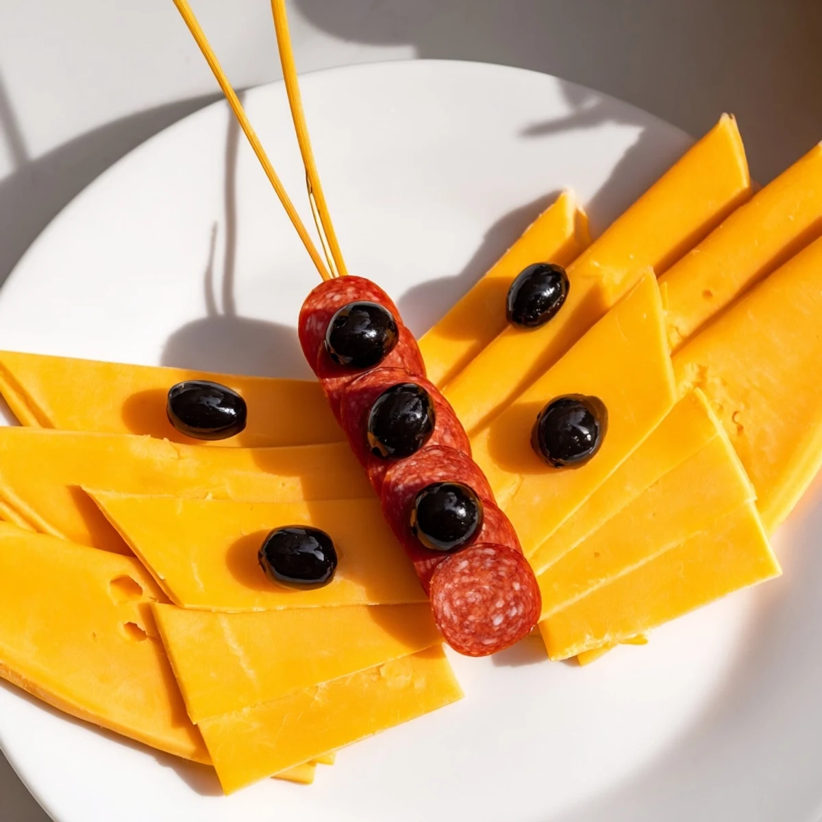 Arranged cheddar wings and salami body make a delightful The Butterfly Migration appetizer, perfect for sharing.
