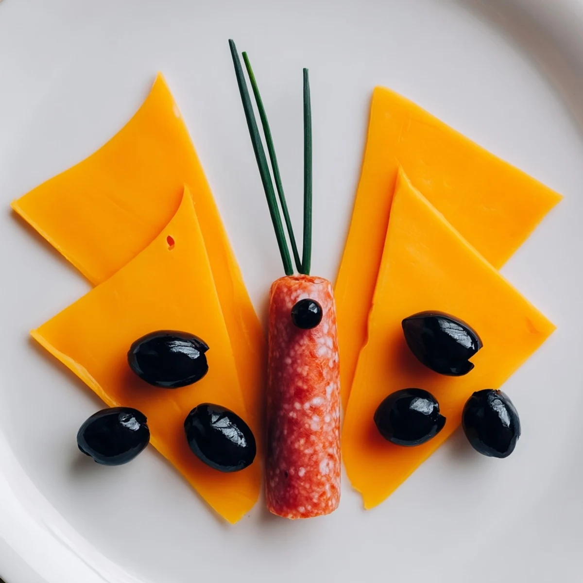 A vibrant The Butterfly Migration platter presents colorful cheddar wings with sliced black olive details, ready to enjoy.