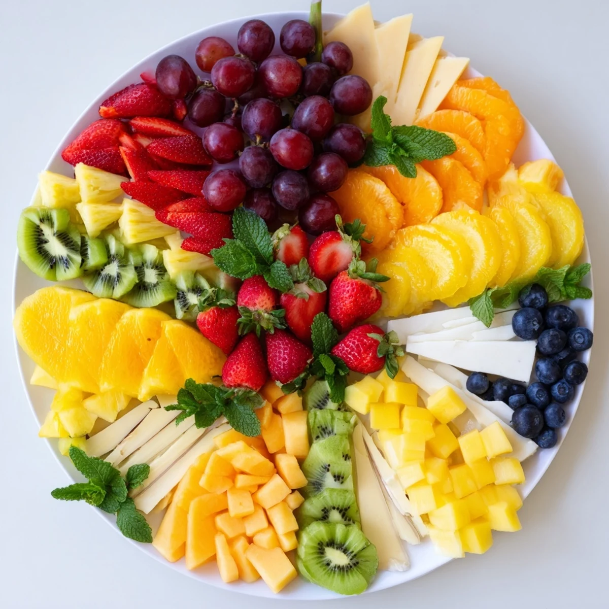 Vibrant Kaleidoscope Circle platter showcasing colorful fruit and cheese wedges, perfect appetizer for gatherings.