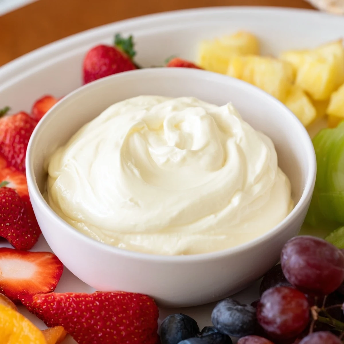 Picture a smooth, sweet cream cheese fruit dip in a decorative bowl, perfect for dipping fruits.