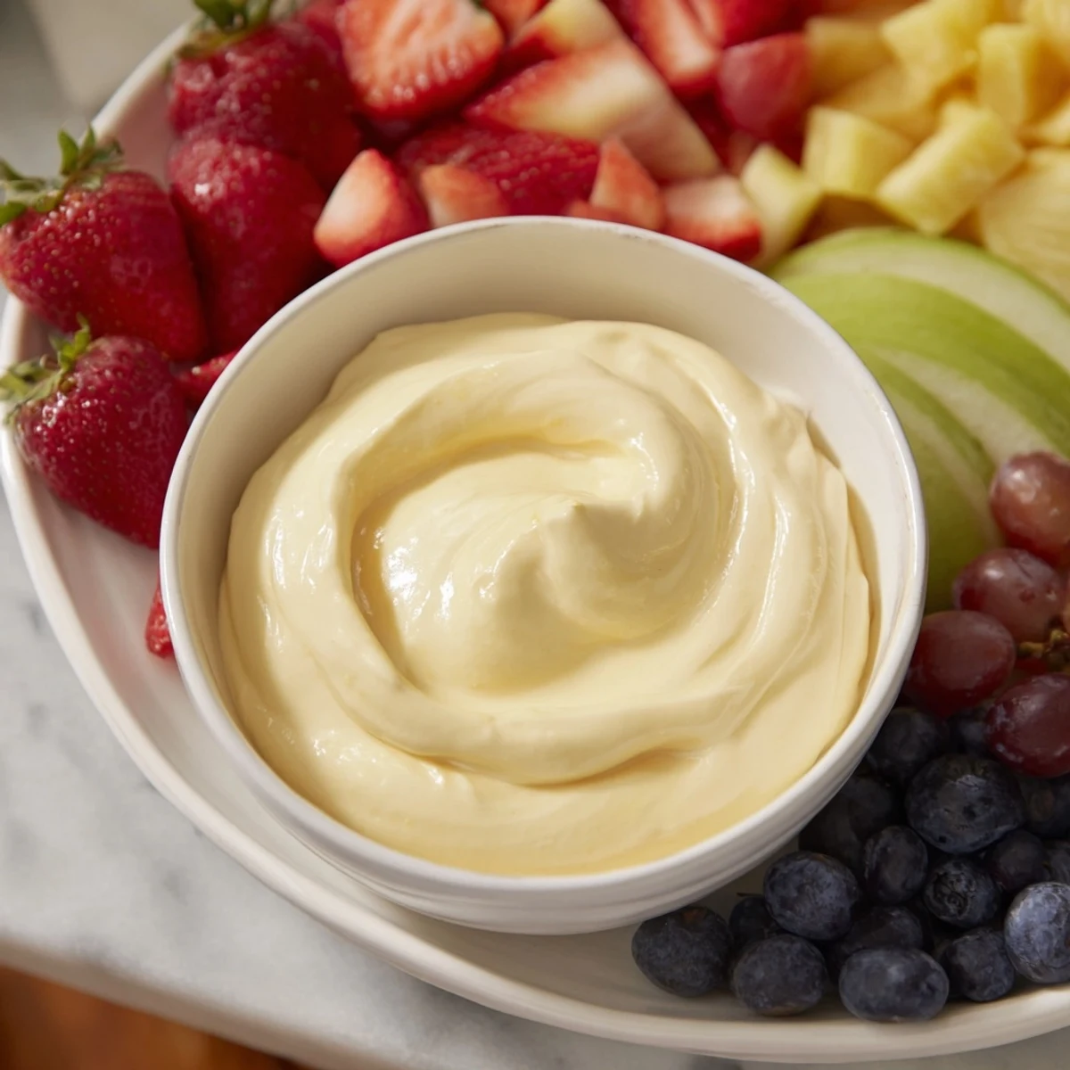 A simple and delightful cream cheese fruit dip, ready to be scooped with crisp apple slices.