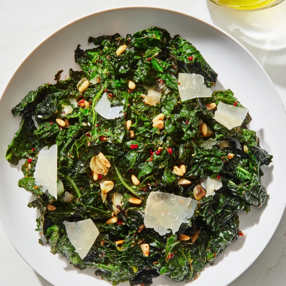Steaming plate of Warm Winter Greens, featuring wilted spinach and toasted pine nut garnish.