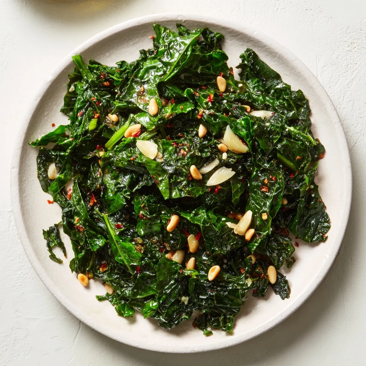 Close-up of freshly cooked Warm Winter Greens; garlic-infused and ready to serve at dinner.