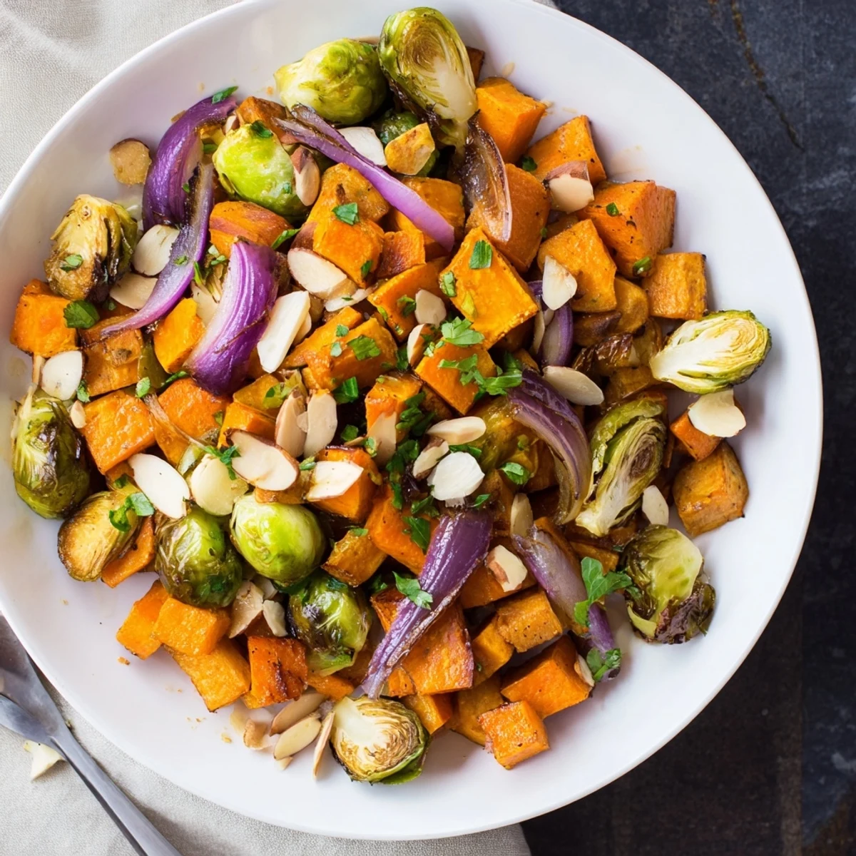 Golden-brown Harvest Toasted Almonds with roasted vegetables, a comforting side dish.