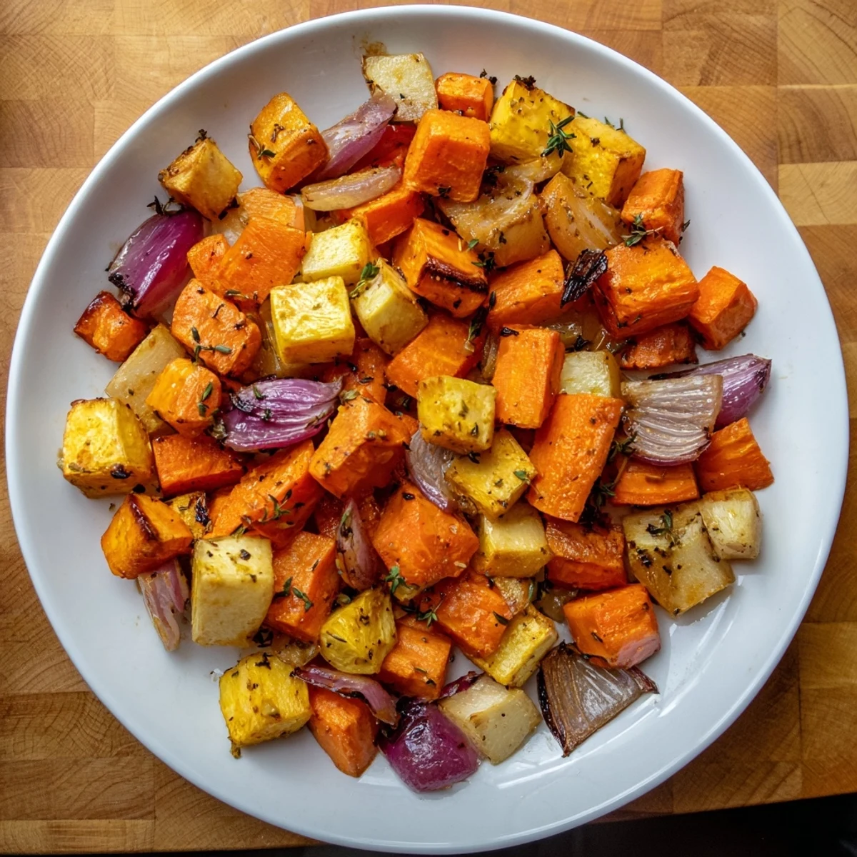 A close-up of crispy, tender maple roasted roots, a flavorful and easy vegetarian side.