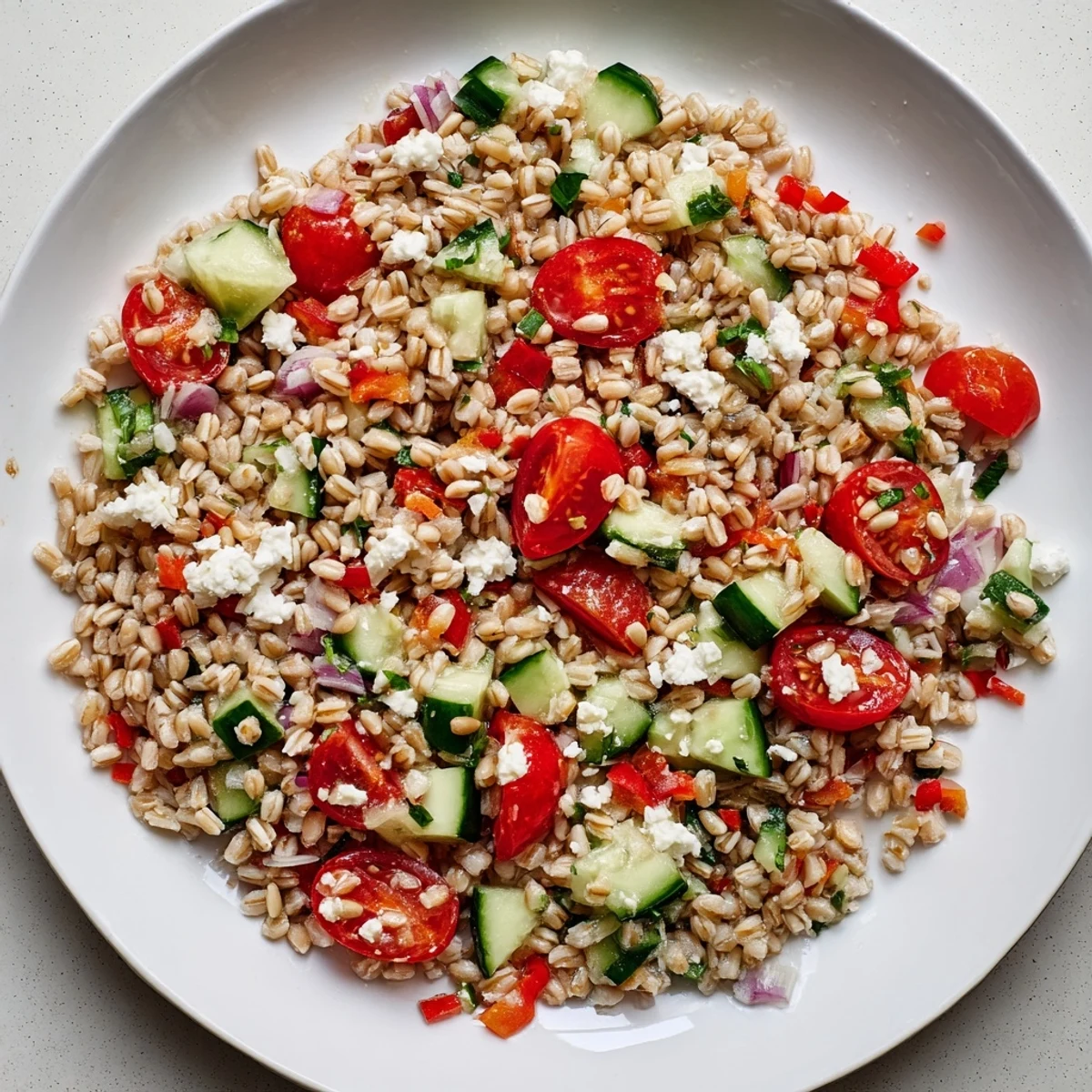 A colorful photo of Bright Barley salad, showcasing fresh vegetables and a zesty lemon dressing.