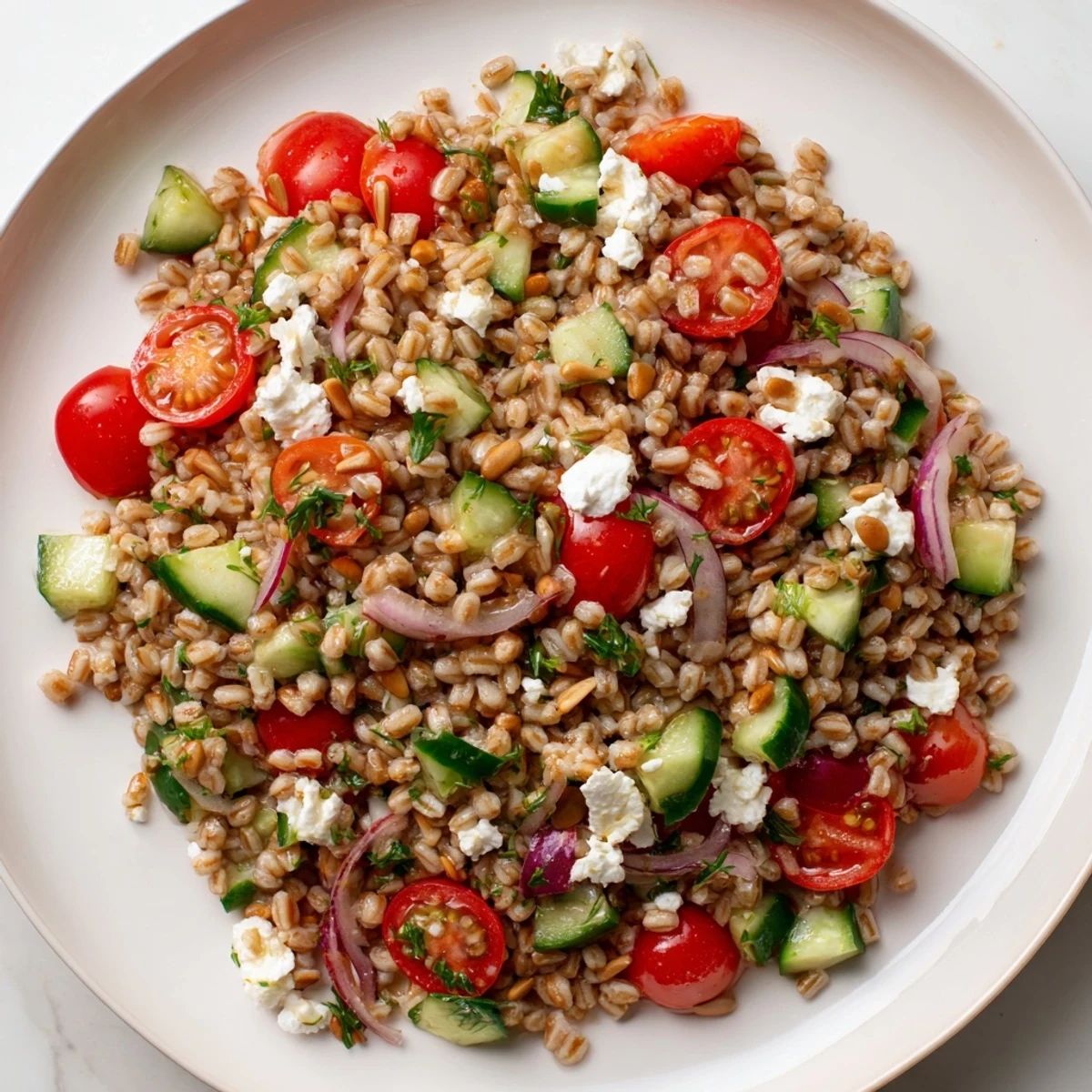 Close-up of a refreshing Bright Barley salad, with bright colors highlighting the Mediterranean flavors.