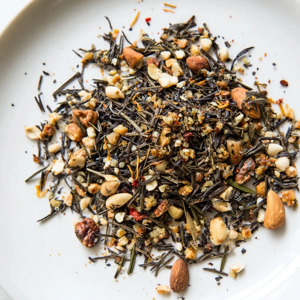 Smoky Charred Evergreen Mix with toasted nuts and citrus zest, ideal as a cocktail garnish.
