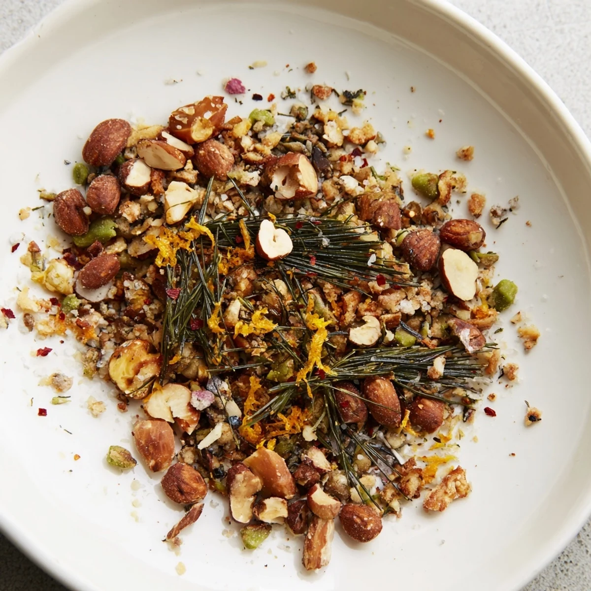 Close-up of fragrant Charred Evergreen Mix, showcasing golden-brown nuts and vibrant citrus.