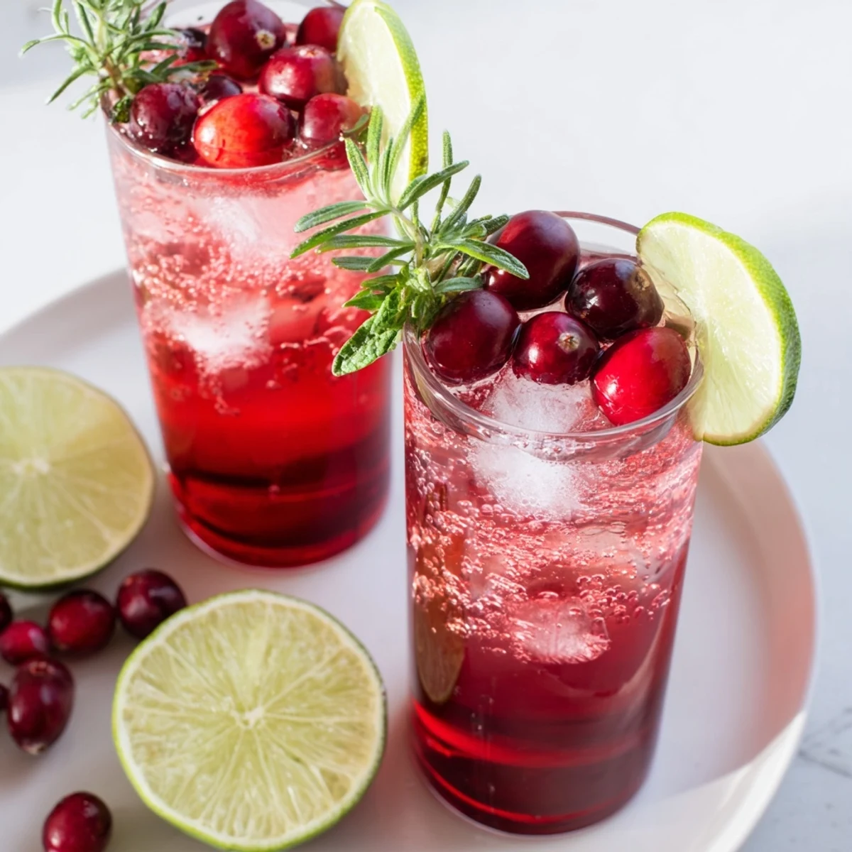 Vibrant Evergreen Cranberry Herb mocktails garnished with lime and cranberries, visually and flavorfully appealing.