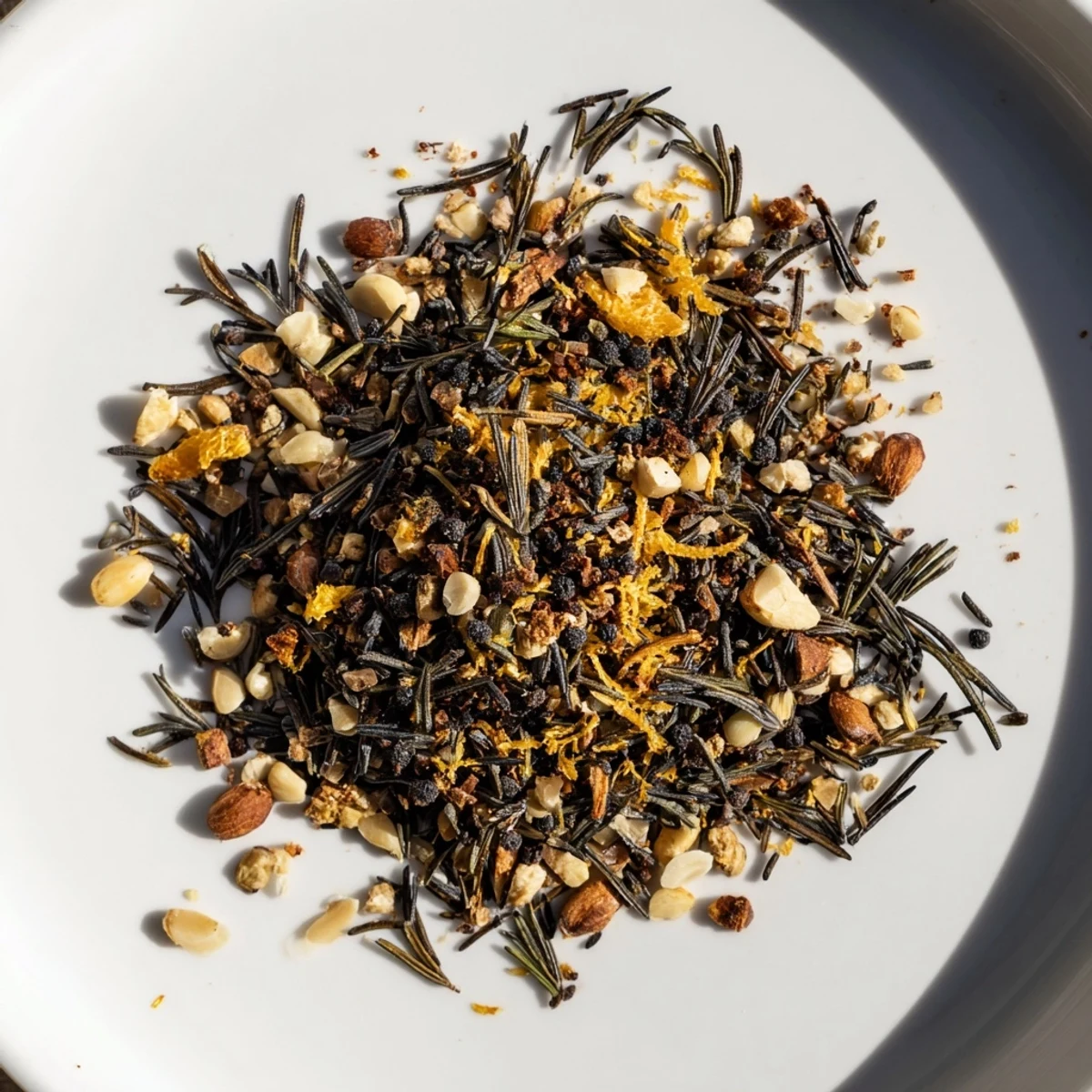 A close-up of the fragrant Charred Evergreen Mix, showcasing the toasted nuts and citrus oils.
