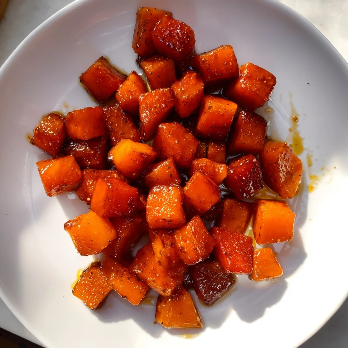 Warm, caramelized Maple Roasted Butternut Squash, seasoned with cinnamon and nutmeg for fall flavors.