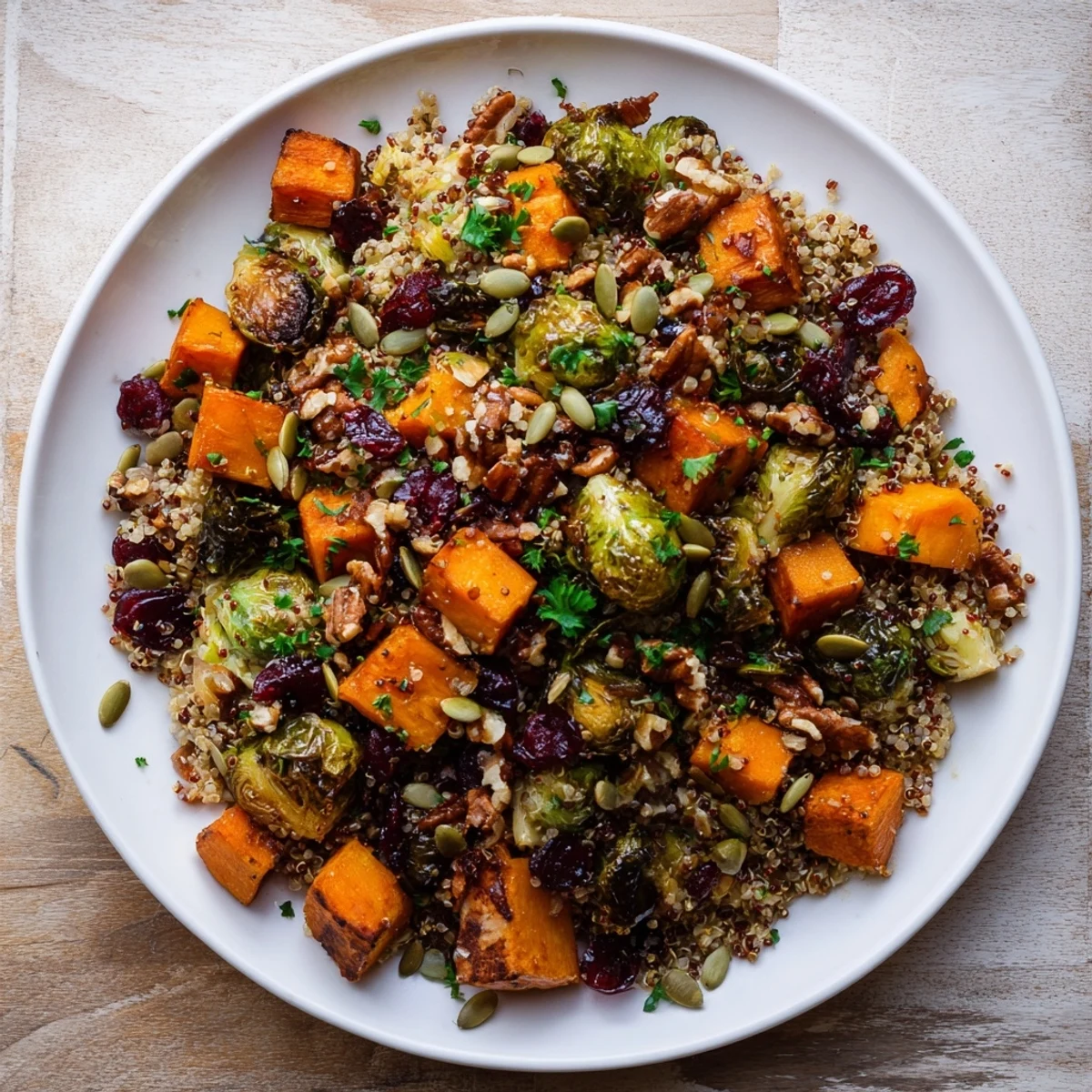 A warm bowl of Harvest Quinoa features roasted vegetables and toasted nuts, ready to eat.