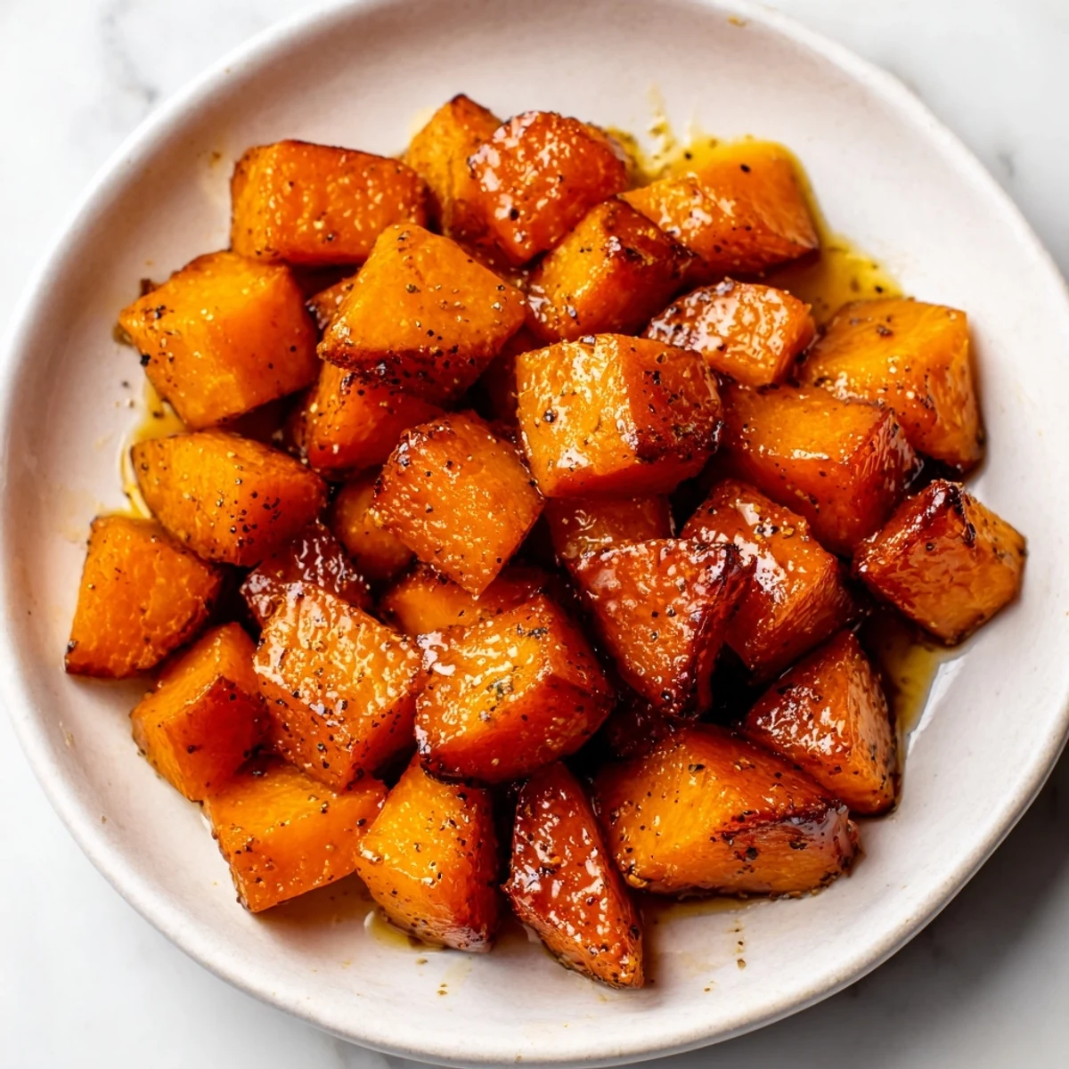 Golden-brown Maple Roasted Butternut Squash, caramelized and glistening, ready to eat.