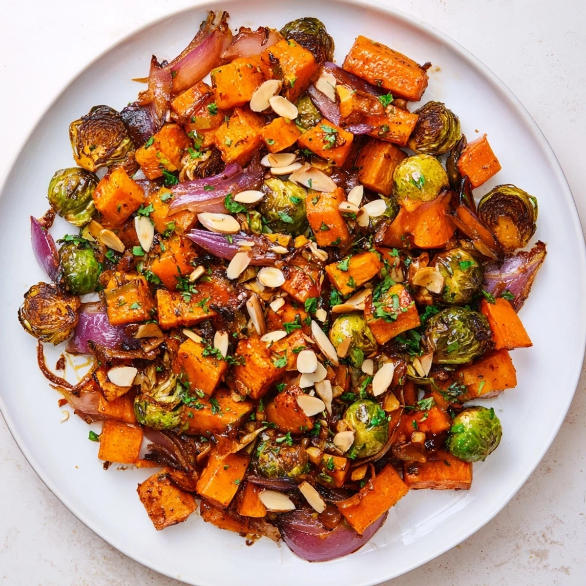 Golden, roasted Harvest Toasted Almonds and vegetables, drizzled in maple syrup—a vibrant, autumnal side.