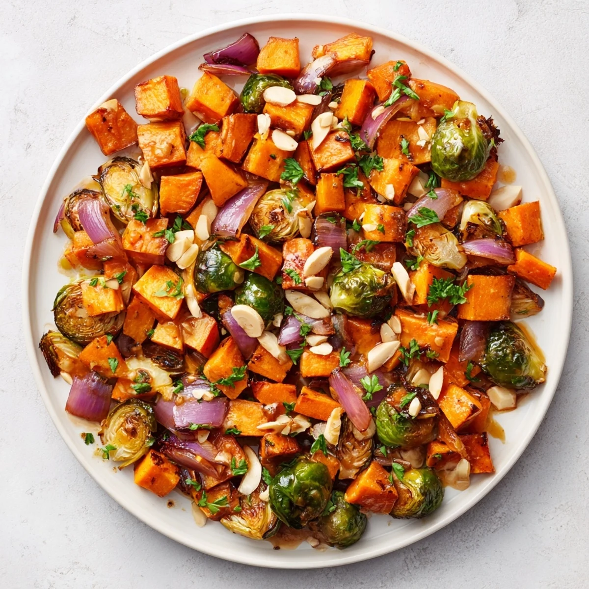This delicious Harvest Toasted Almonds side dish shows roasted vegetables and toasty almonds that are perfectly cooked.