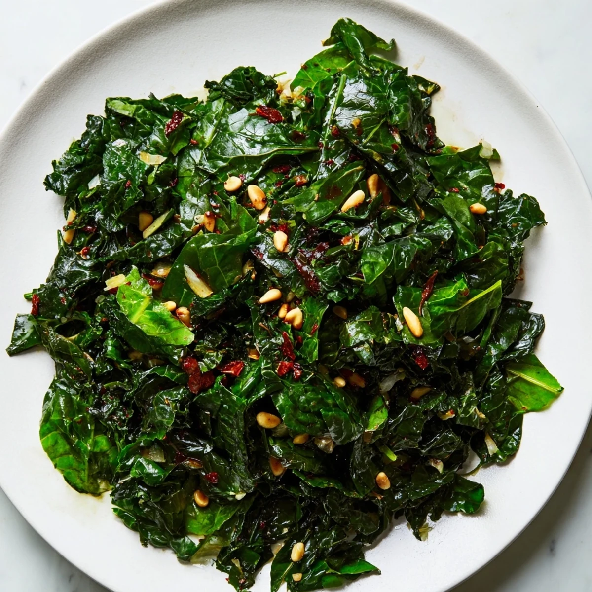 A close-up view of Warm Winter Greens, a healthy blend of greens glistening with olive oil.