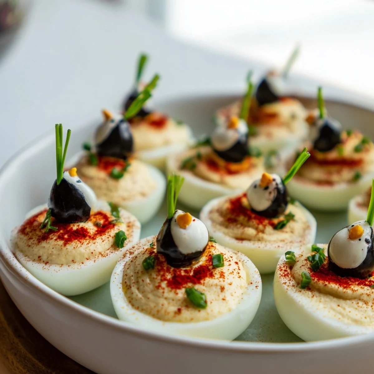 Festive white bean dip, topped with adorable olive penguins, perfect for a winter appetizer.