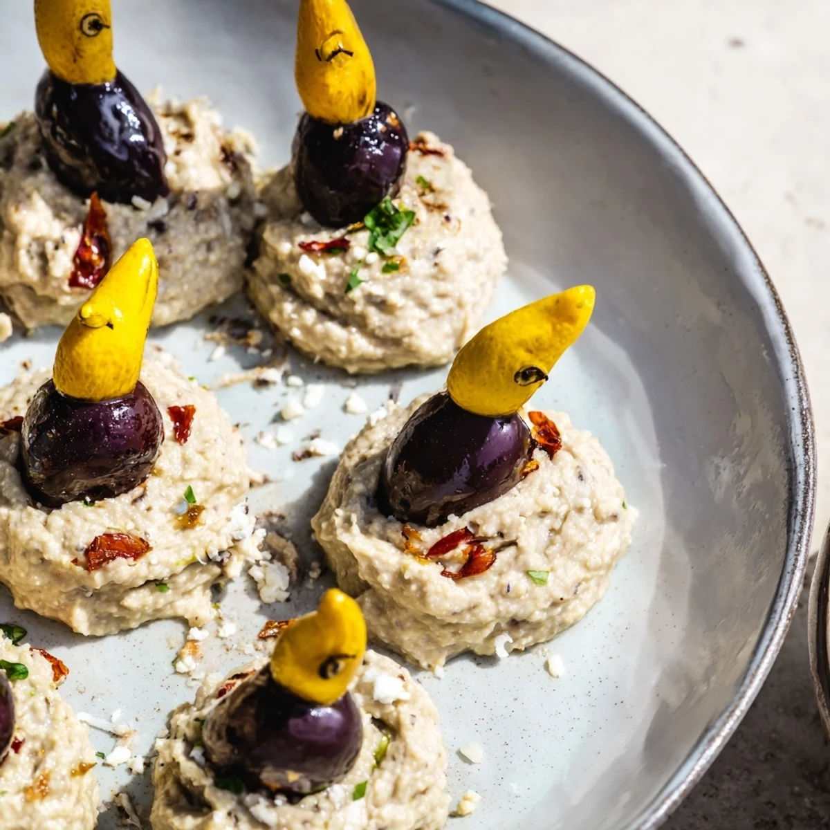 Creamy white bean dip with cute olive penguins, a Mediterranean-inspired appetizer that's gluten-free.