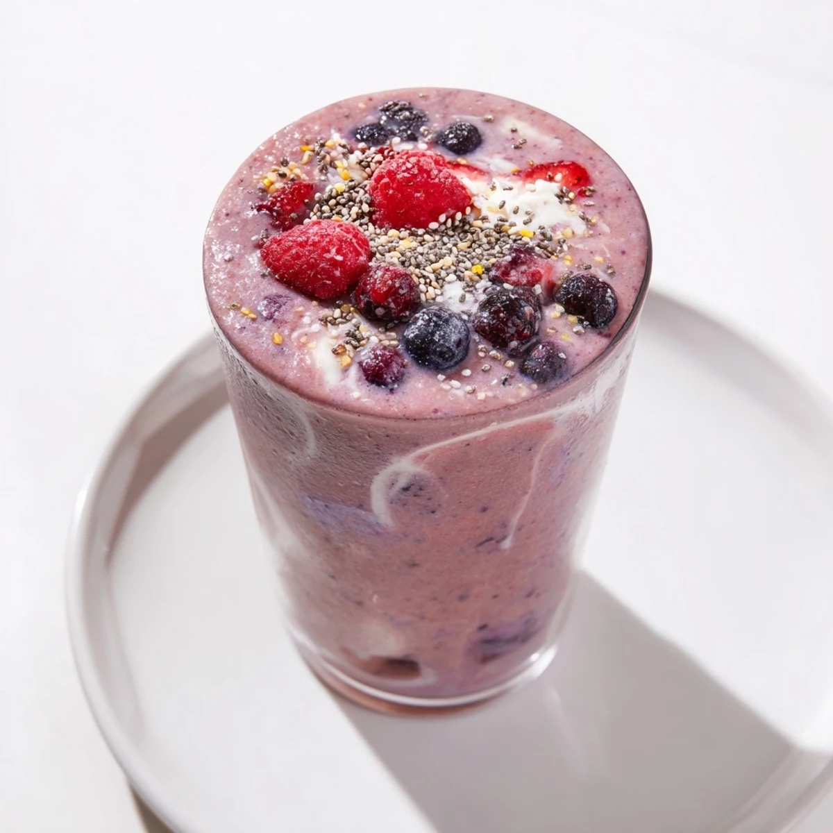 Frosted Berry Blend, a thick and creamy smoothie, swirled in a glass with visible vibrant berry pieces.
