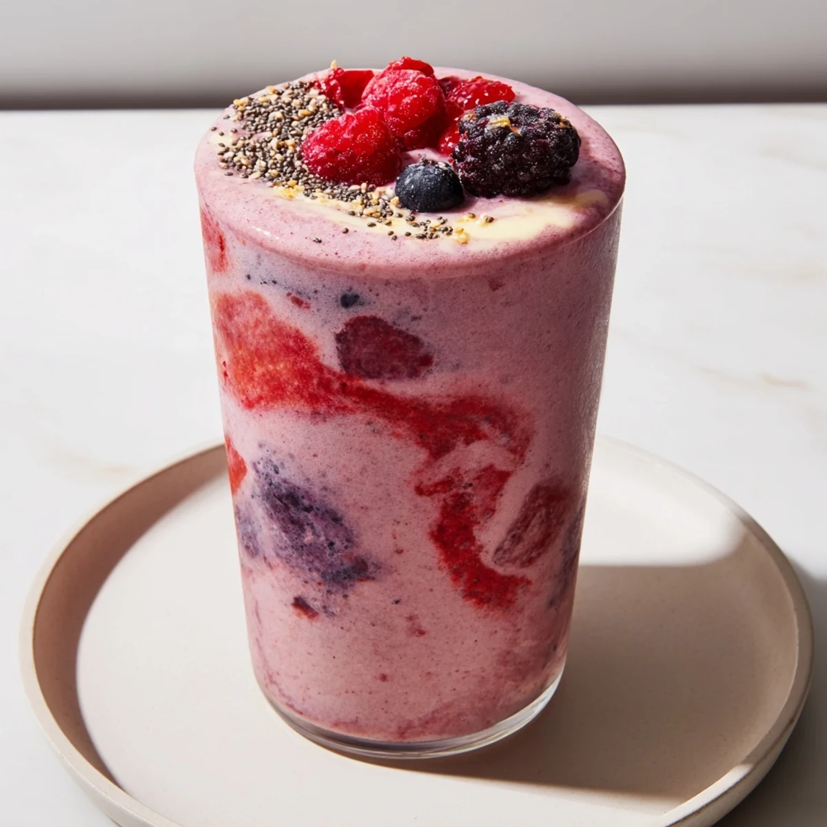 Imagine a perfectly blended Frosted Berry Blend smoothie, a healthy and fruity breakfast treat, ready to enjoy.