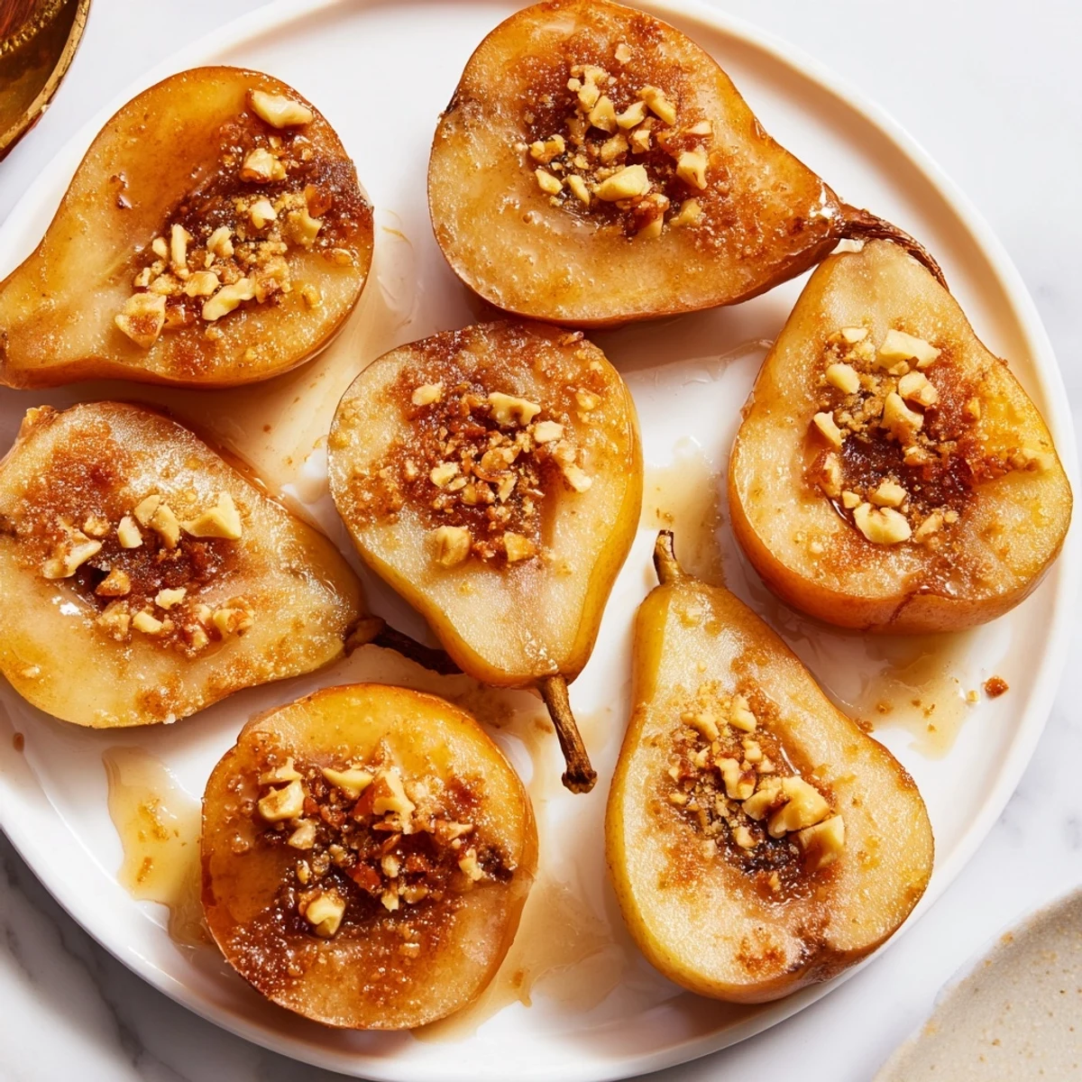 Golden brown maple ginger pears, a delicious dessert glistening from the oven, ready to serve.