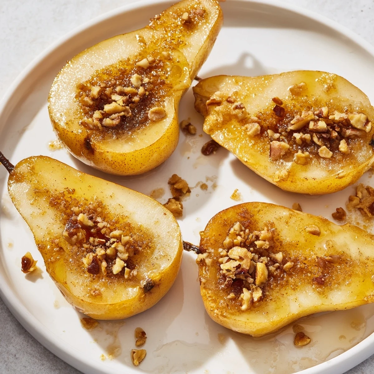 Perfectly caramelized maple ginger pears, with chopped nuts and creamy vanilla ice cream, ideal for a sweet treat.