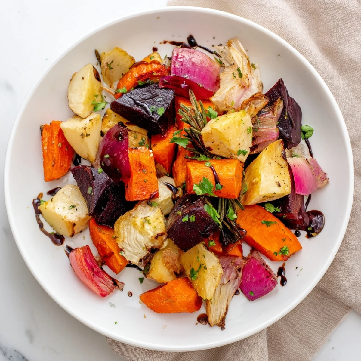 Golden Hearth Roasted Roots arranged on a platter, showcasing caramelized edges and vibrant colors.