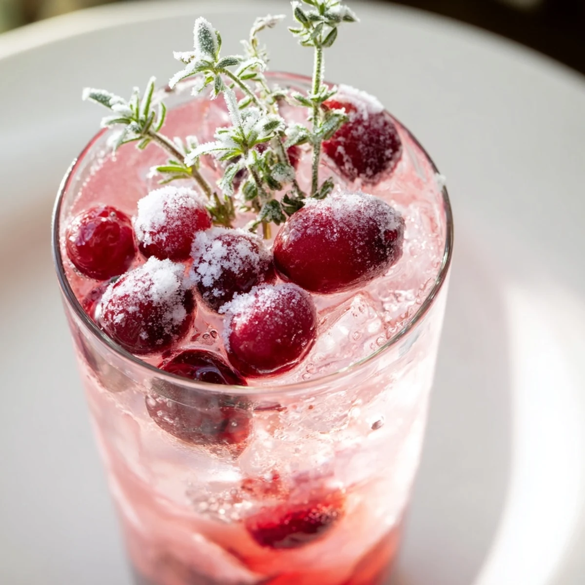 Frosted Cranberry Herb cocktail: sparkling drink garnished with sugared cranberries and fresh herbs, perfect for the holidays.