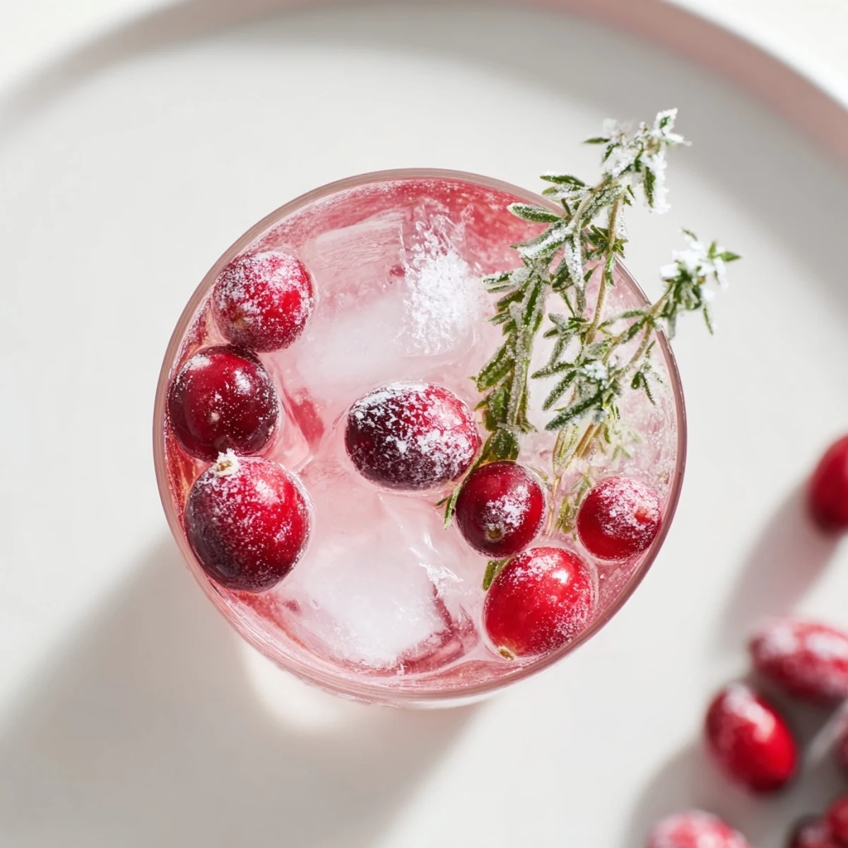A close-up of a festive Frosted Cranberry Herb drink with sugared rosemary and icy cubes, very refreshing.