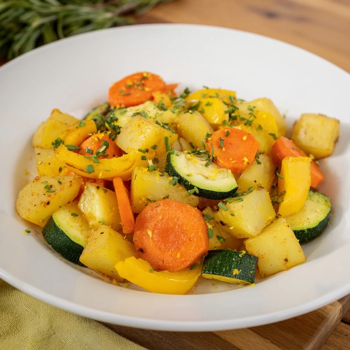 Vibrant image: A plated serving of Herbed Golden Veg, roasted to perfection, ready to enjoy with a main course!