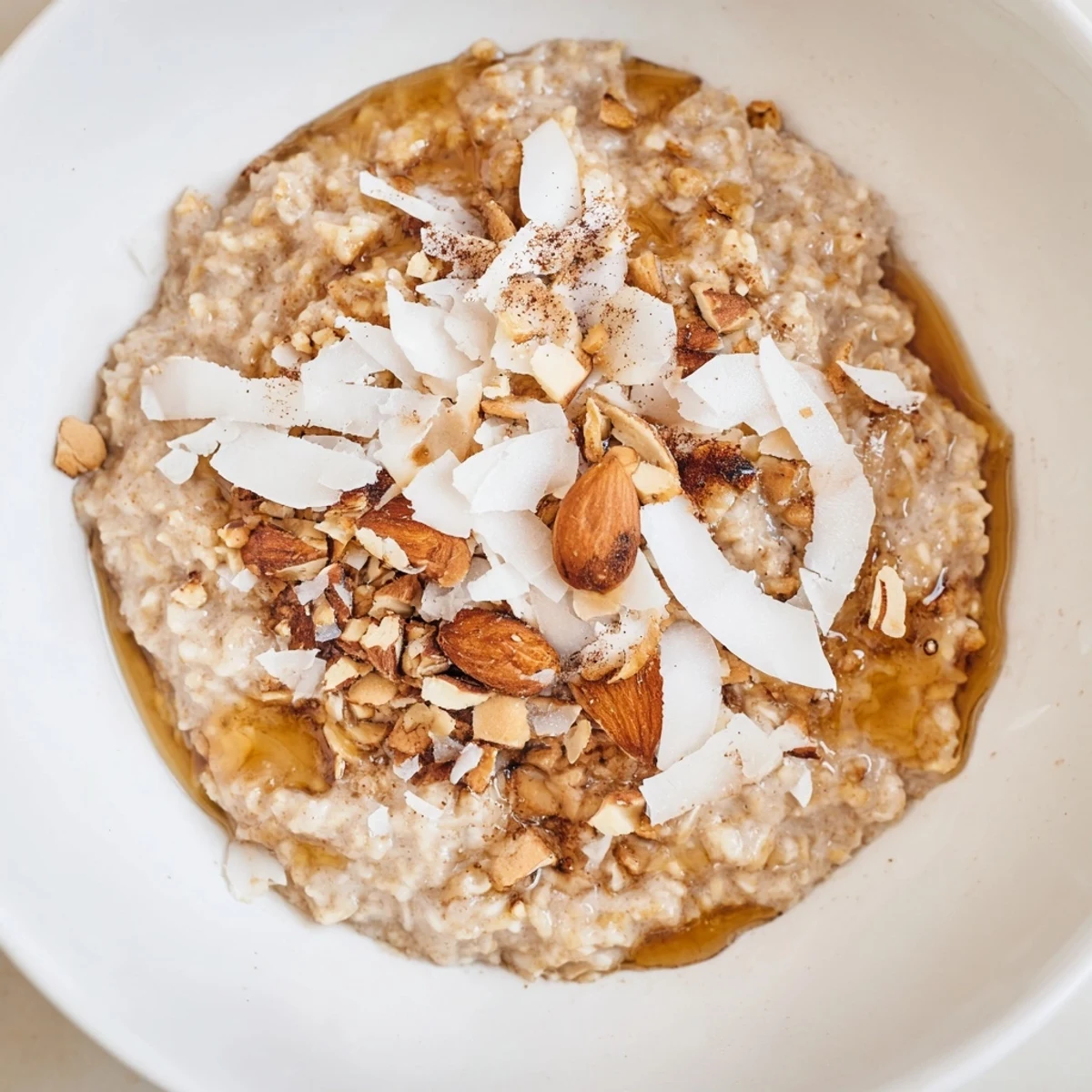 Steaming bowl of Snowy Chai Oat porridge topped with coconut and nuts, a comforting breakfast.
