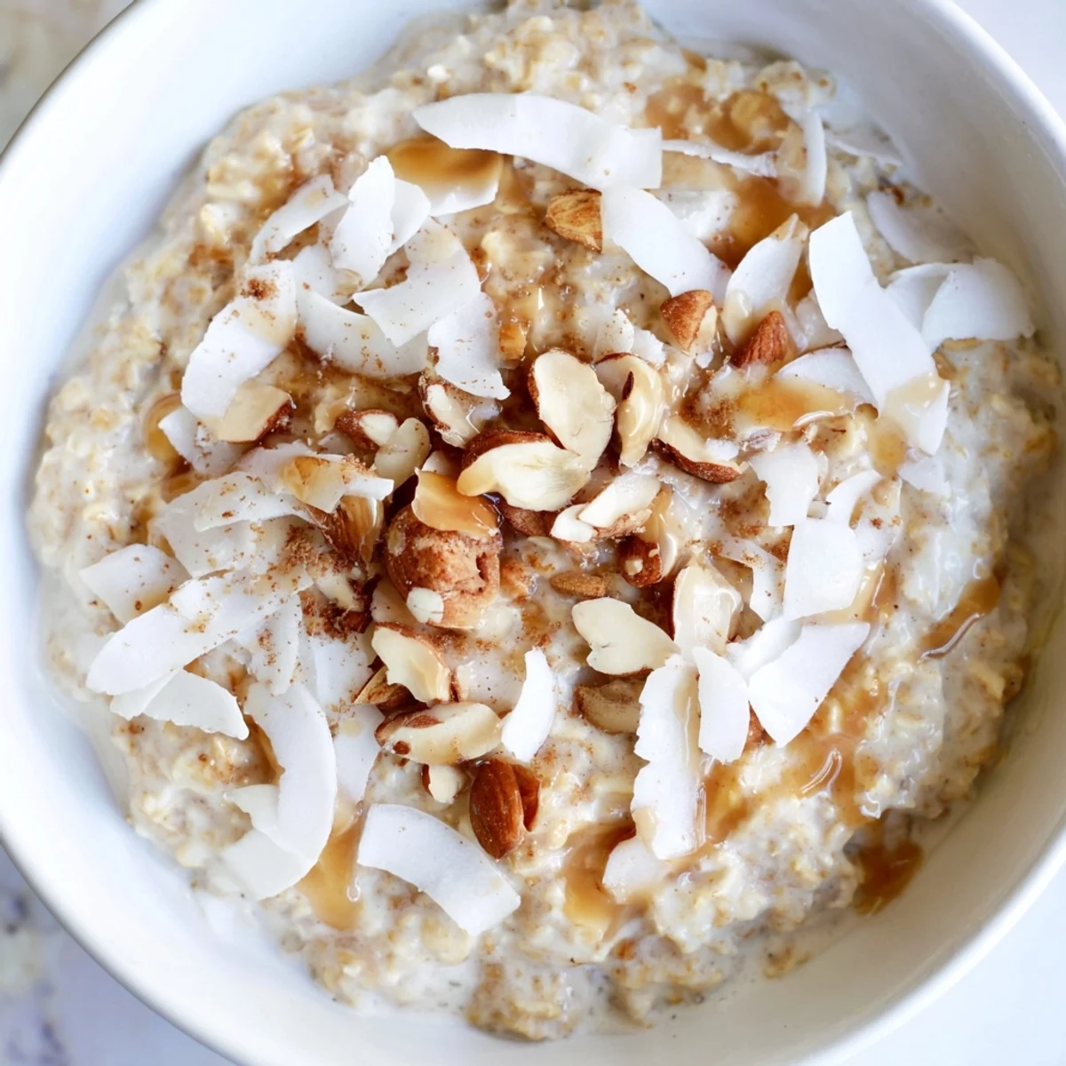 Warm, creamy Snowy Chai Oat recipe, perfectly spiced and topped with a generous sprinkle of white coconut.