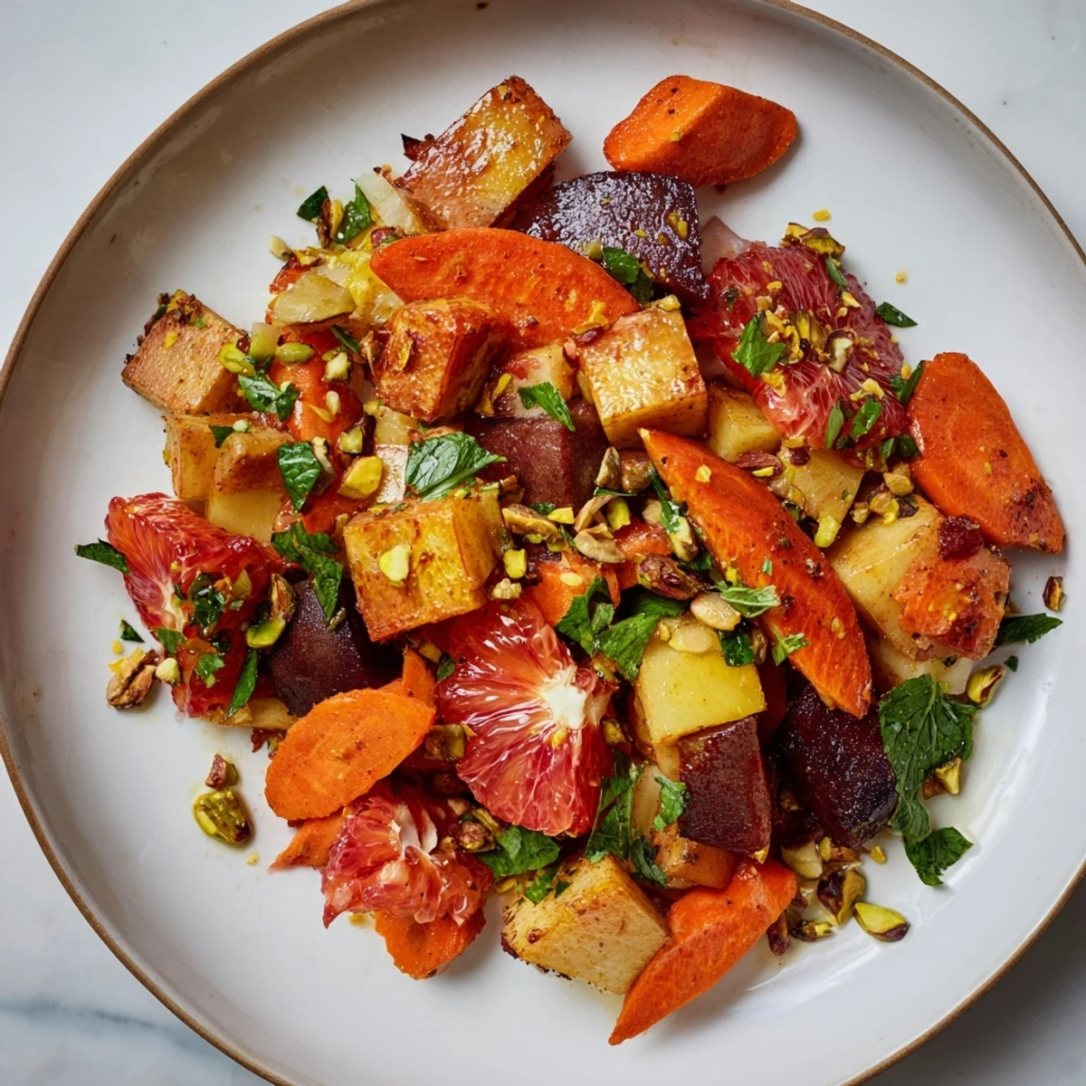 Roasted Root Bright Citrus Salad; a colorful mix of roasted veggies and sweet citrus for a flavorful experience.