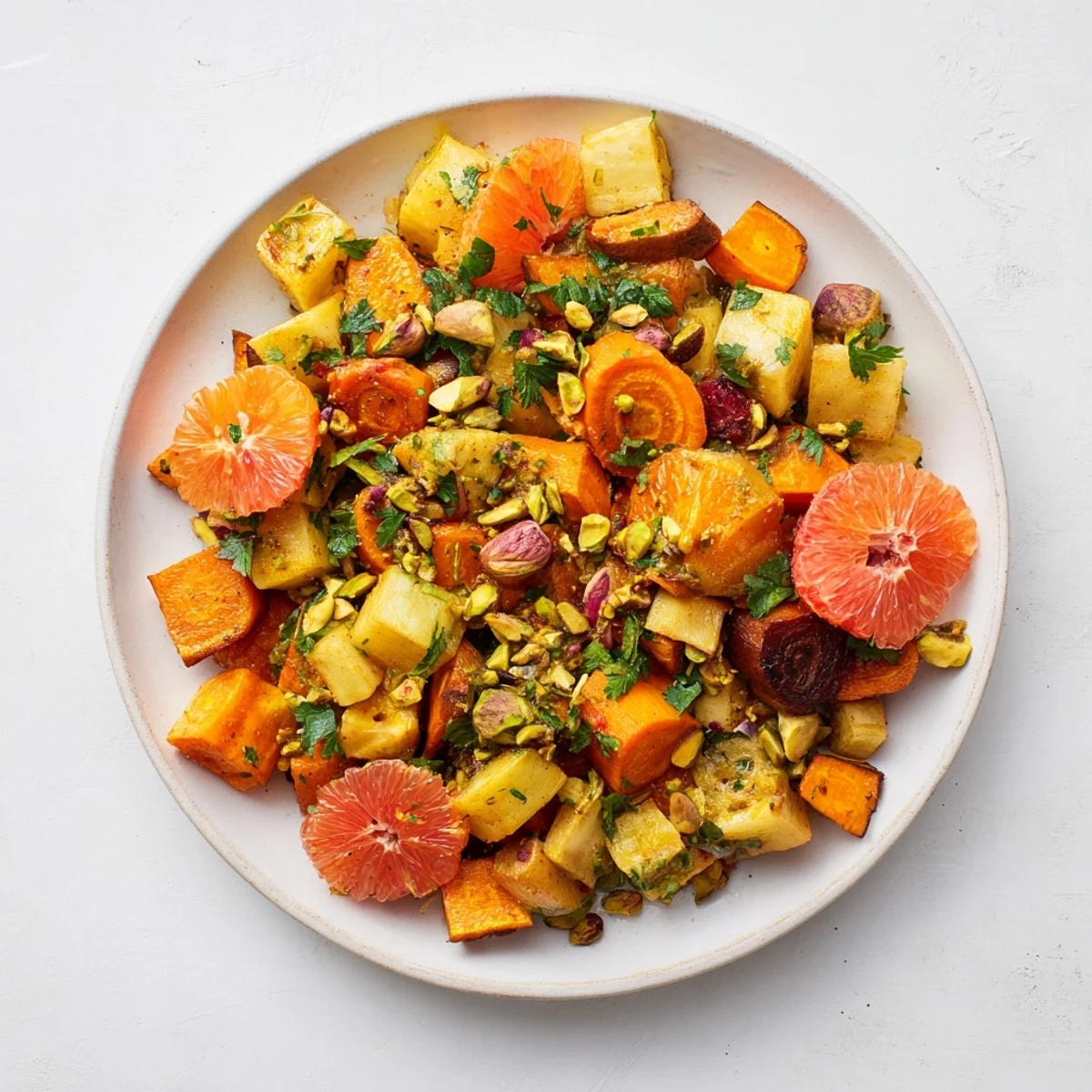 Earthy roasted root vegetables and juicy citrus in a beautiful Root Bright Citrus Salad with fresh herbs.