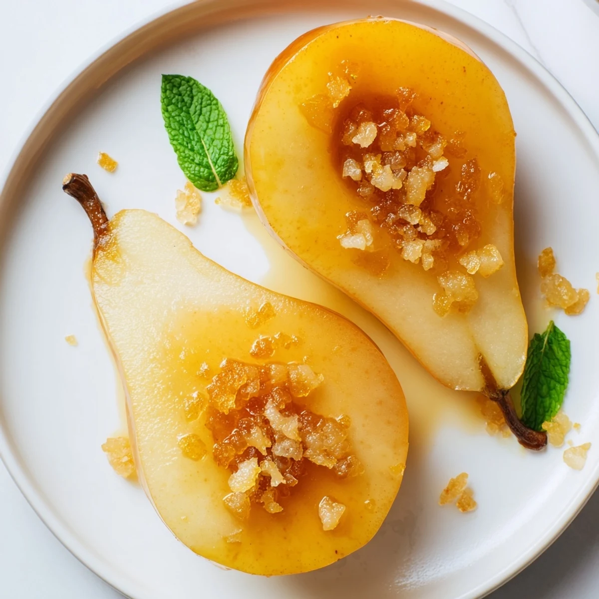Warm, tender ginger poached pear halves glistening in a light syrup, ready to enjoy.