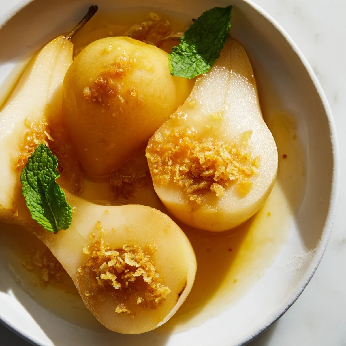 Beautiful presentation of gently simmered pear ginger, a sweet dessert served warm and ready to eat.