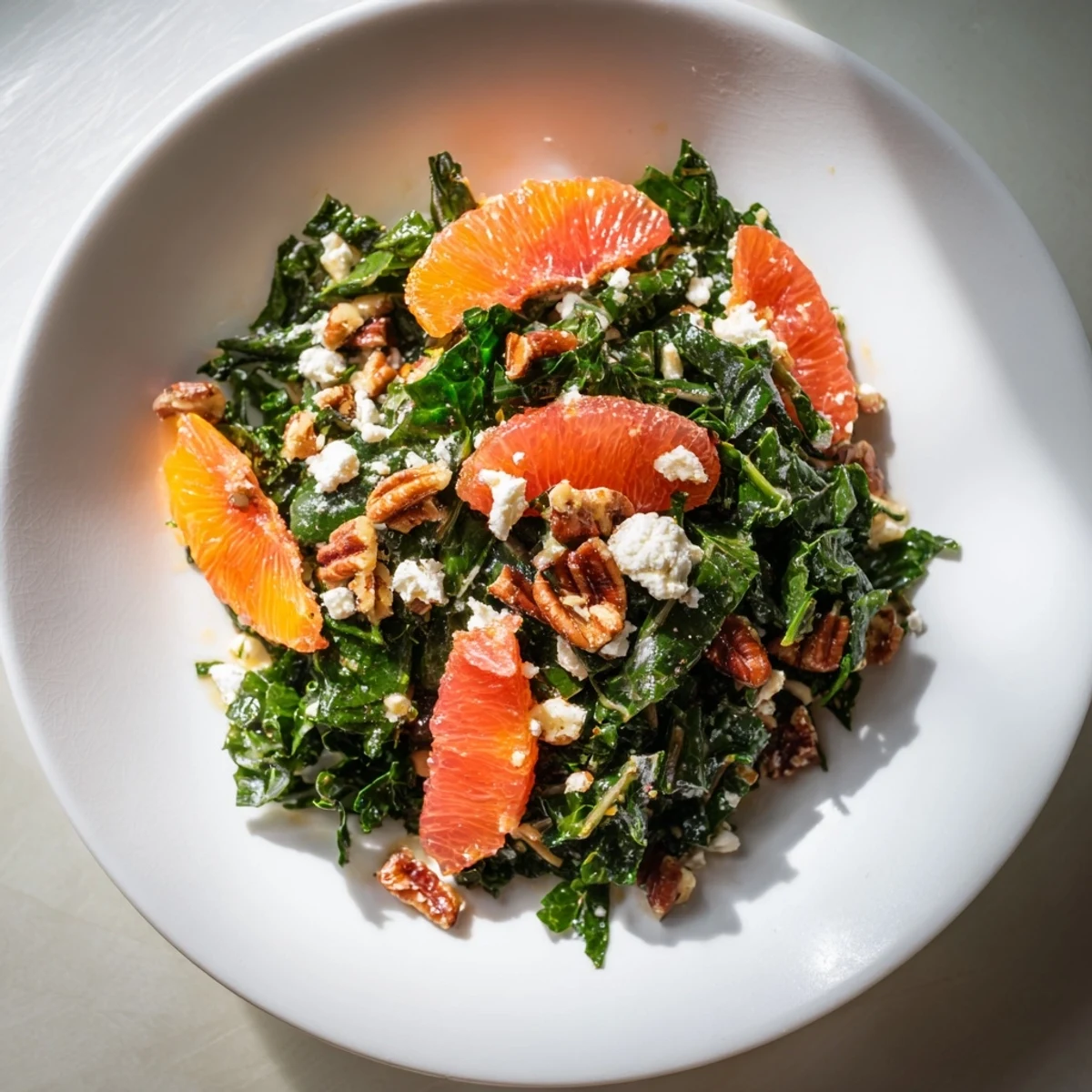 A fresh and inviting photo of Cozy Citrus Greens salad, drizzled with tangy vinaigrette, ready to serve.