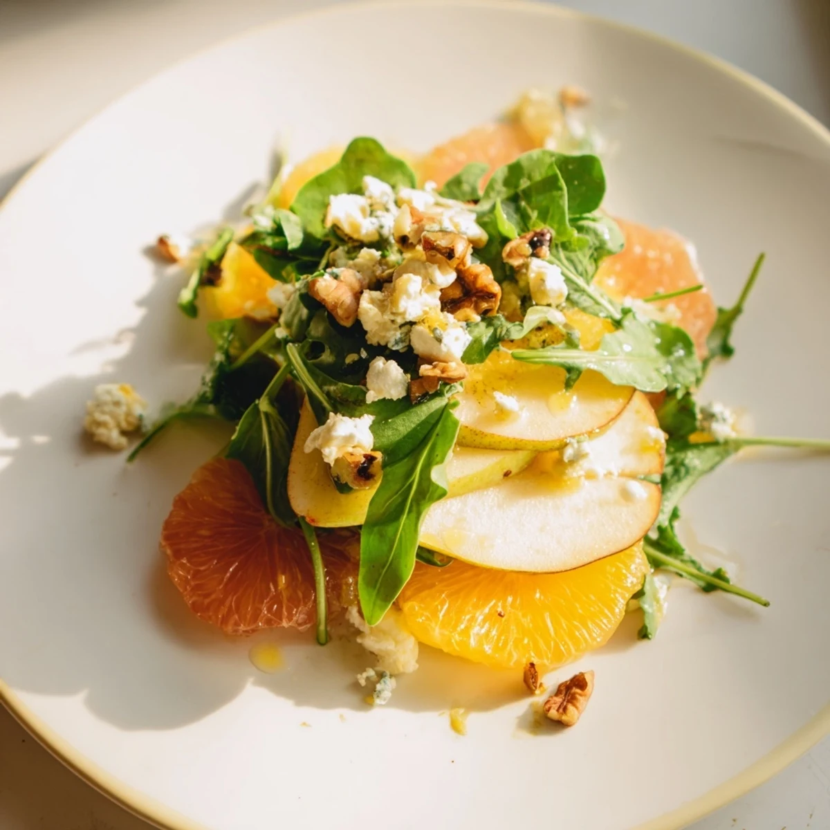 A colorful photo of Citrus Pear Greens, a healthy salad with crunchy walnuts and ripe fruit.