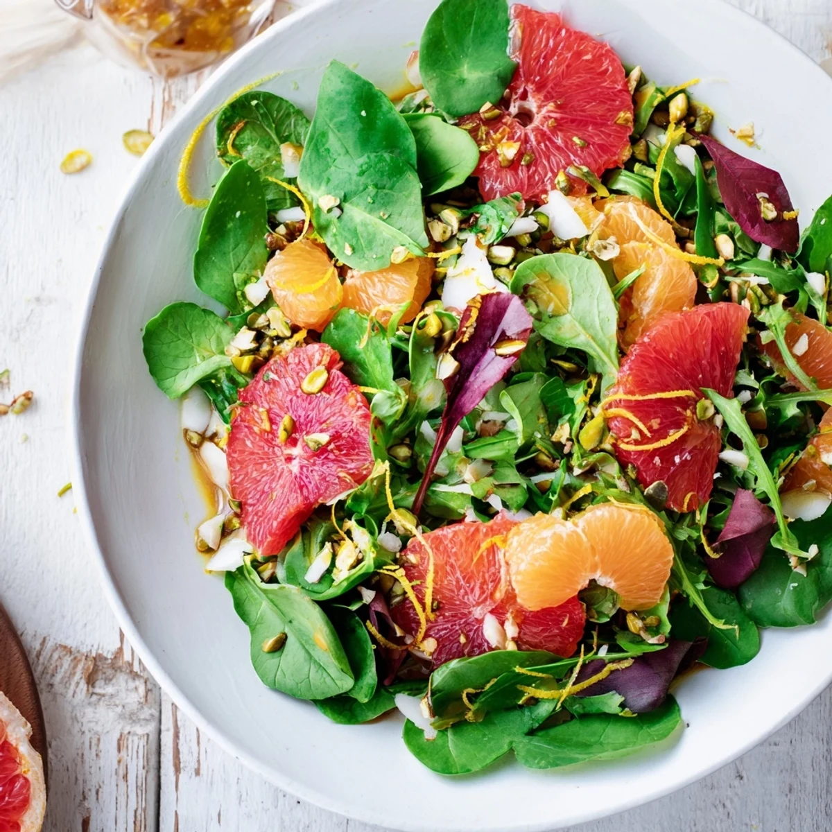 A refreshing Citrus Greens salad, brimming with colorful citrus sections and fresh greens.